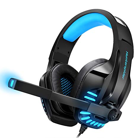 Gaming Headset with Mic for PS4, PC, Xbox One, Surround Sound Noise Cancelling Over Ear Headphones with Soft Memory Ear Pads, LED Light, Volume Control Compatible for Laptop Tablet Phone Games