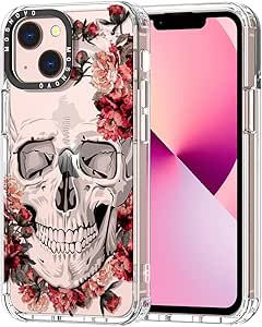 MOSNOVO for iPhone 13 Case, [Buffertech 6.6 ft Drop Impact] [Anti Peel Off] Clear Shockproof TPU Protective Bumper Phone Cases Cover with Red Flower Skull Design for iPhone 13