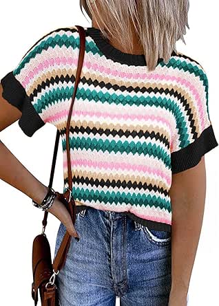 EVALESS Casual Short Sleeve Sweaters for Women Summer Crewneck Color Block Sweater Tops Lightweight Pullover Top Knit Shirts