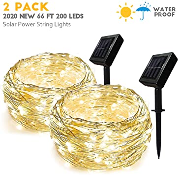 Homemory Solar String Lights, 66 ft 200 LEDs Outdoor Fairy Lights Copper Wire Lights, Waterproof Solar Christmas Lights, Indoor Twinkle Lights for Patio, Yard, Wedding Decor(2 Pack,Warm White)