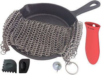 Silicone Hot Handle Holder Kit Inc. Cast Iron Cleaner Chainmail Scrubber with Storage Hook, 1 Pan Scraper, 1 Grill Scraper
