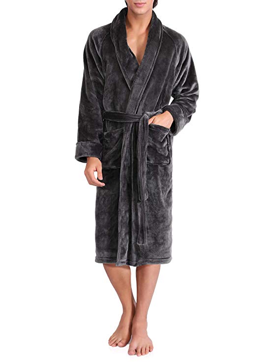David Archy Men's Fleece Robe Ultra Soft Plush Shawl Collar 3/4 Length Long Bathrobe
