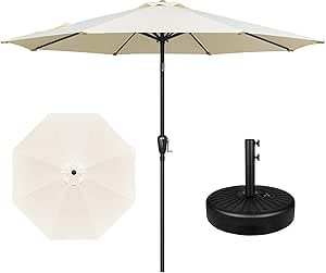 YSSOA 9' Patio Umbrella with 50lbs 20" Capacity Fillable Heavy Duty Round Base, 8 Sturdy Ribs, for Outdoor Lawn, Deck, Poolside, Cream and Black