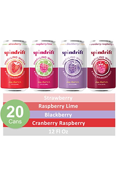 Spindrift Sparkling Water, 4 Flavor Berry Variety Pack, Made with Real Fruit, 12 Fl Oz, Pack of 20 Seltzer Water Cans