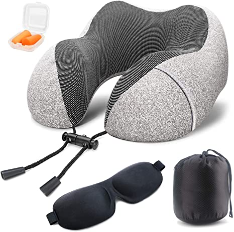 Travel Pillow, 100% Pure Memory Foam Neck Pillows for Travel, Airplane, Business Trip with Luxury Bag, 3D Contoured Eye Masks, Earplugs, Breathable & Machine Washable Cover (Grey)