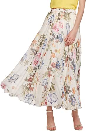 CHARTOU Women's Elegant Summer Full Length Boho Floral Print Pleated Chiffon Long Maxi Skirt Dress