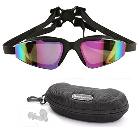 Bezzee-Pro Swimming Goggles Antifog Color Tinted Lens UV Protected Adjustable Double Band Silicone Strap with Lock Buckle Swim Goggles for Men Women Adults with Protective Case and Ear Plugs