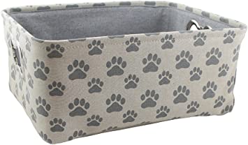 Winifred & Lily Pet Toy and Accessory Storage Bin, Organizer Storage Basket for Pet Toys, Blankets, Leashes and Food in Printed “Dog Paws”, Beige/Grey