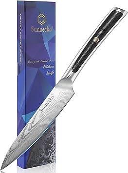 Sunnecko Utility Knife 5 Inch, Paring Knife Damascus Steel VG-10 Blade Fruit Knife, Small Kitchen Knife with G10 Inlaid Handle Peeling Knife Perfect for Cutting Fruit Vegetables Petty Knife Gift Box