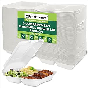 Freshware Clamshell Containers, 8 x 8 Inch, 3-Compartment, 50-Pack, Natural