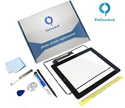 iPad 3 Screen Replacement,FixCracked iPad 3 Digitizer Touch Screen Front Glass Assembly Black-Includes Home Button   Camera Holder   PreInstalled Adhesive with tools kit