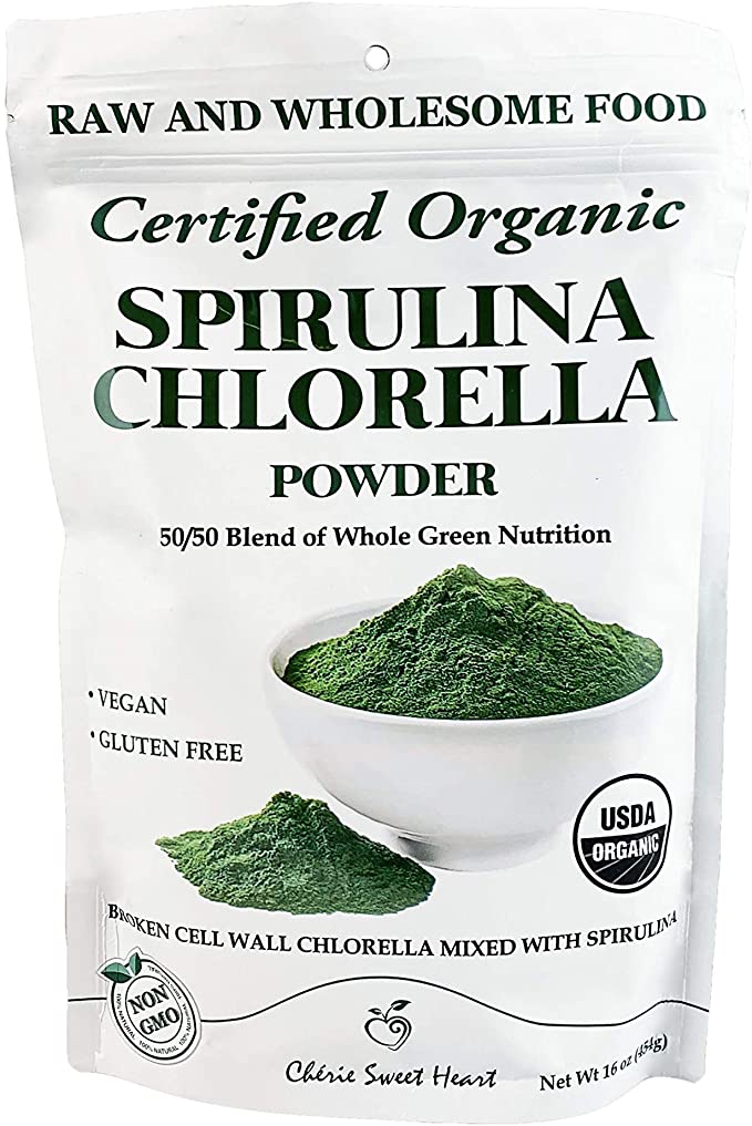 Chlorella Spirulina Powder, Organic, Non-GMO, Cracked Cell Wall, Alkalizing, High Protein, Vegan by Cherie Sweet Heart (16 oz)