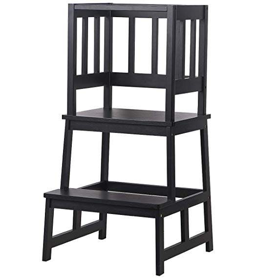 SUNYAO Kids Kitchen Step Stool with Safety Rail - Bamboo Kids Step Stool for Toddlers Age 18 Months and Older, Black Color