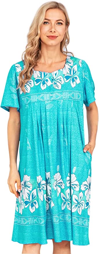 Bloggerlove Nightgown for Women Hawaiian Muumuu House Dress Print Lounger Patio Dress with Pockets Moomoo