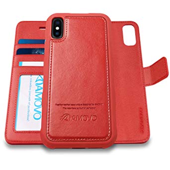 [Upgraded Version] AMOVO Case for iPhone Xs Max [2 in 1] iPhone Xs Max Wallet Case Detachable [Wireless Charger] [Vegan Leather] iPhone Xs Max Flip Case with Gift Box Package (XS MAX (6.5'') Red)