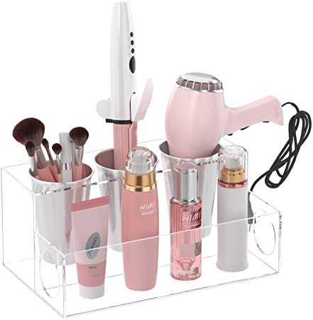 HIIMIEI Hair Tools Organizer Clear Acrylic Hair Dryer Holder Countertop Blow Dryer Stand Storage for Vanity Bathroom with 3 Cups