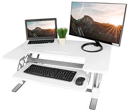 VIVO White Height Adjustable 36" Stand up Desk Converter | Quick Sit to Stand Tabletop Monitor Riser (DESK-V000VW)