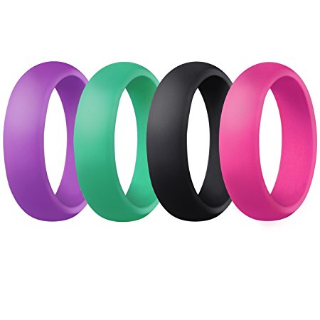 Women's Silicone Wedding Ring Rubber Band - 4 Rings Pack - Pink, Turquoise, White, Black, Silver, Red, Tangerine, Purple