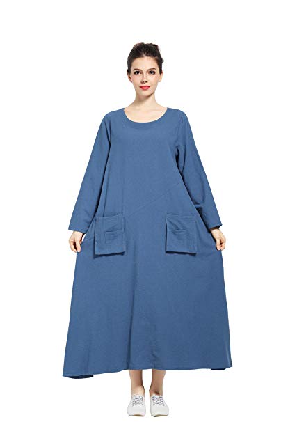 Anysize Spring Summer Dress LinenampCotton Front Pockets Plus Size Dress F132A