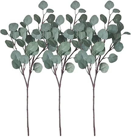 ZHIIHA 3 pcs Artificial Eucalyptus Garland Long Silver Dollar Leaves Foliage Plants Greenery Fake Plastic Branches Greens Bushes (Grey White, 3)