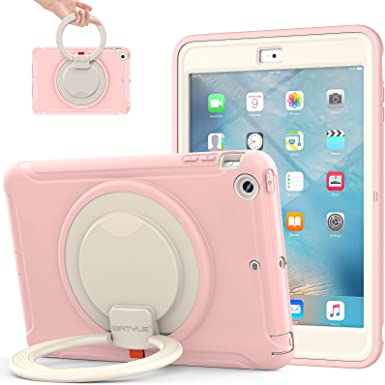 BATYUE iPad Mini Case for iPad Mini 1/2/3 Generation Heavy Duty Three Layer Hybrid TPU PC Full-body Rugged Protective Case With Handle Grip/360° rotating stand for Kids Girls Boys Students(CheeryPink)