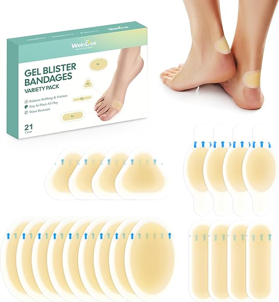 Gel Blister Bandages Hydrocolloid Bandages - Welnove 21ct Blister Cushions - Blister Bandages for Heel, Toe & Foot - Blister Pads for Prevention & Recovery - Water Resistant Bandages