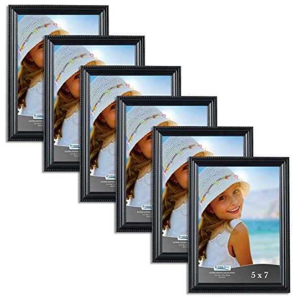 Icona Bay 5 x 7 Inch Picture Frames, (6 Pack) Bulk Set, Black, Wall Mount Hangers and Table Top Easel Included, Display Horizontally or Vertically