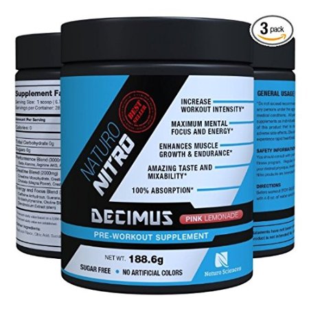 Pre Workout Decimus By Naturo Nitro, Best Fat Burner Preworkout Creatine Energy Drink with NO2, Amino Acids BCAA, Pre-Workout That Works for Men and Women, 28 Servings, Pink Lemonade (3 Pack)