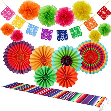 16 Pieces Fiesta Party Decorations Kit, 1 Mexican Serape Table Runner, 6 Fiesta Colorful Paper Fans Round Wheel Disc, 8 Pom Poms Flowers, 1 Felt Papel Picado Banner for Cinco De Mayo