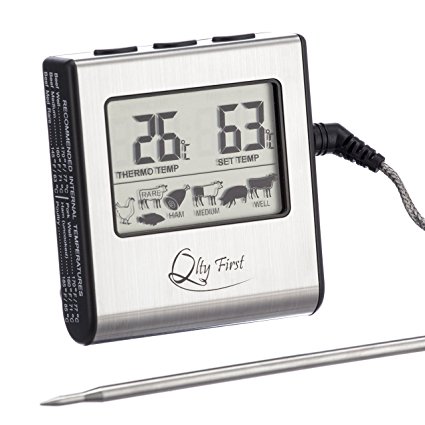 Qlty First Digital Meat Cooking Kitchen Thermometer - Stainless Steel Probe with Built-in Timer and Remote Alarm for Oven, Grill, BBQ, Stovetop smokers