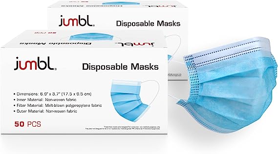 Jumbl Face Mask [100 Pack] Single Use Disposable Blue Face Mask, 3-Ply Masks with Elastic Earloops