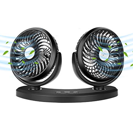 Comlife USB Rotatable Dual Head Fan with 3 Adjustable Speeds，Quiet Strong Dashboard Cooling Fans, Quiet Powerful Auto Fan for Vehicle, Golf cart, Truck, Back seat, Boat, Baby, Pet, Desk（5V 2A）