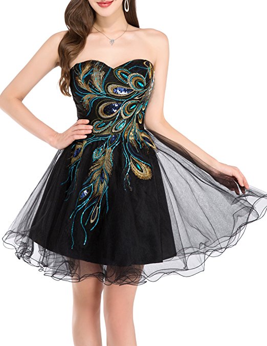 GRACE KARIN Women's Peacock Embroidery Tulle Short Homecoming Dress Prom Gown