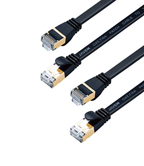 JAVEX CAT7 RJ45 [2-Pack] [Shielded, 10GB] Snagless Network Ethernet Flat Cable, Black, 10FT