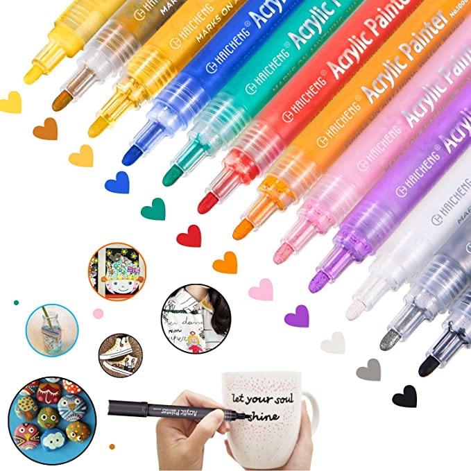 12 Colors Acrylic Paint Markers Paint Pens for Rocks, Wood, Metal, Glass, Plastic, Canvas, Ceramic, Photo Album, DIY Craft and School Project Works on Almost All Surfaces