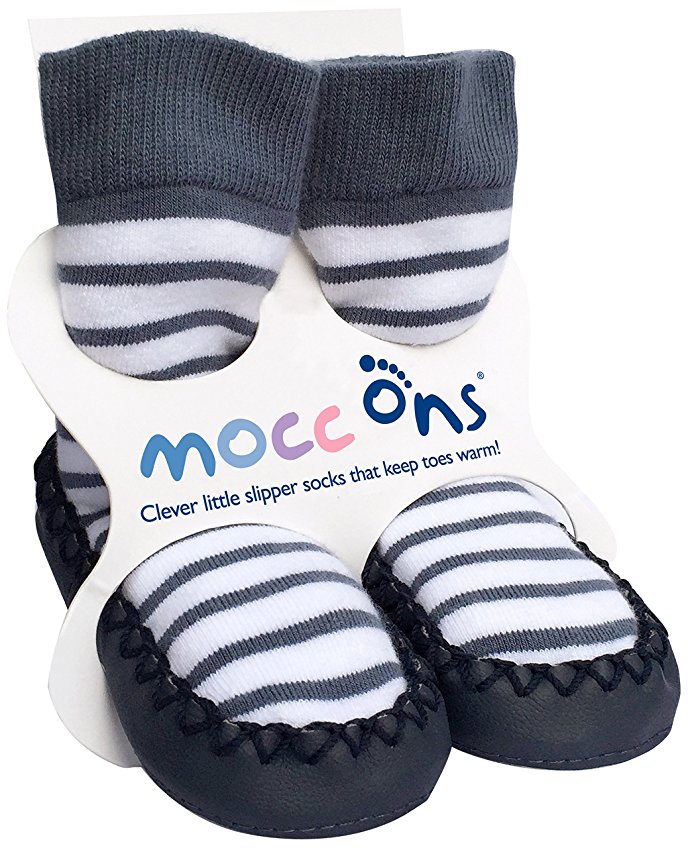 Mocc Ons Cute Moccasin Style Slipper Socks - Nautical Stripe, 18-24 Months