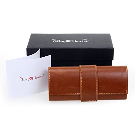 KingOfHearts Hard Leather Eyeglass Case - Sunglasses Case with Unique Unisex Design for Men and Women, Extra Large Size for Different Eyewear, Reading Glasses Spectacles - Light Brown