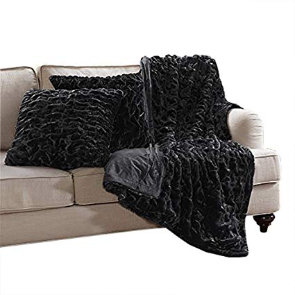 Comfort Spaces Faux Fur Throw Blanket Set – Fluffy Plush Blankets for Couch and Bed – Black Size 50" x 60" with 2 Square Pillow Covers 20" x 20"