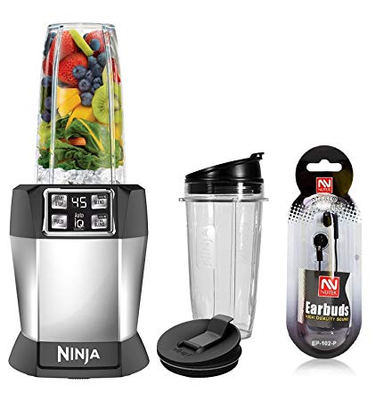 Nutri Ninja BL480D Personal Blender with 1000-Watt Auto-iQ Base to Extract Nutrients for Smoothies, Juices and Shakes and 18, and 24-Ounce Cups/FREE NUTEK EARBUDS (Certified Refurbished)
