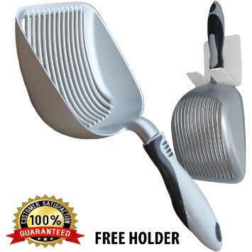 Teflon Sifter with Deep Shovel - Designed by Cat Owners - *NEW* Teflon Silver Plated Solid Aluminum "Perfect Scooper" with Free Holder. Solid Core Handle. Custom Designed. iPrimo ® Patent Pending.