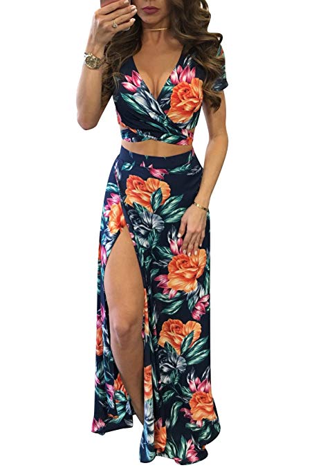 Gobought Womens 2 Piece Outfits Summer Floral Beach Crop and Side Slit Skirt