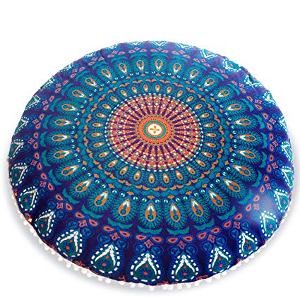 Mandala Life ART Bohemian Decor Meditation Floor Cushion Cover - 30 inches - Round Floor Pillow Pouf Cover - Colorful Blue 100% Hand Printed Organic Cotton