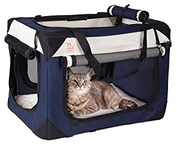 Soothing "Happy Cat" Soft Sided Cat Carrier w/ Comfy Plush Sleep Pillow 4X Interior Space Breezy Windows, Sunroof - Collapses, Folds, Locking Zippers Lightweight Stylish, Washable, Reduces Anxiety