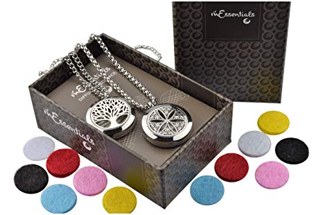 Tree Of Life and Flower of Life Essential Oil Diffuser Necklace Stainless Steel Locket Pendant with 24" Chain   12 Refill Pads