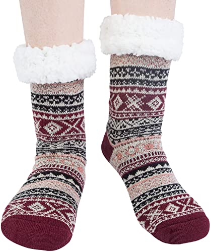 YSense Womens Winter Warm Thick Knit Sherpa Fleece Lined Christmas Cozy Fuzzy Slipper Socks with Grippers
