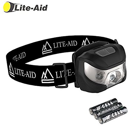 Lite-Aid LED Headlamp Flashlight - Convenient Headlight for Camping, Hiking, Walking, and Home Improvement - 5 Functions (Red/White) - 300 Feet Distance - 30 Light Hours - Batteries Included