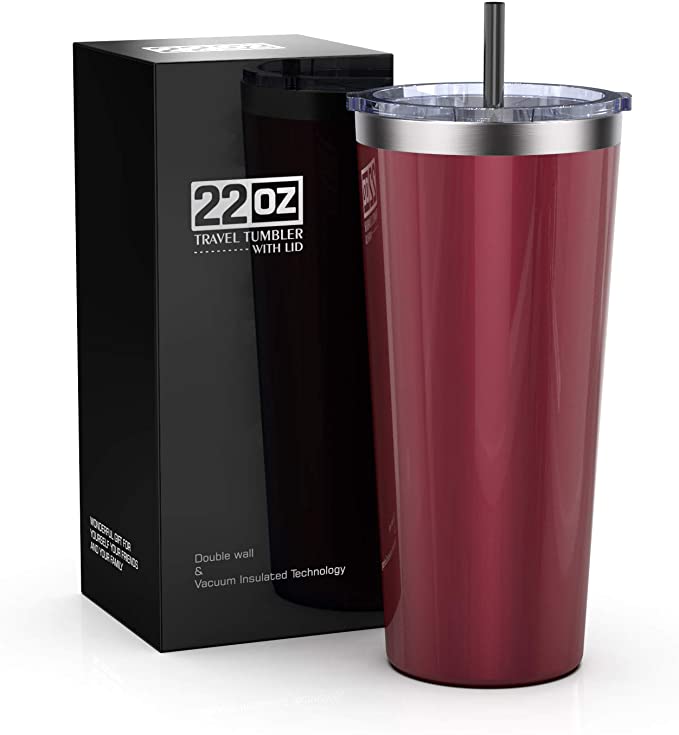 Bastwe Tumbler 22oz Stainless Steel Vacuum Insulated Tumbler with Lid and Straw, Travel Mug Double Wall Coffee Cup for Home, Office, Great for Ice Drinks and Hot Beverage (Wine Red)