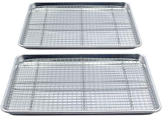 Checkered Chef Baking Sheet and Rack Set - Twin Pack- 2 Aluminum Cookie Sheets/Half Sheet Pans With 2 Stainless Steel Oven Safe Cooling Racks