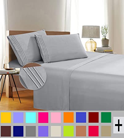 Elegant Comfort 1500 Thread Count Wrinkle & Fade Resistant Egyptian Quality 4-Piece Bed Sheet Set Ultra Soft Luxurious Set Includes Flat Sheet, Fitted Sheet and 2 Pillowcases, Queen, Classic Silver