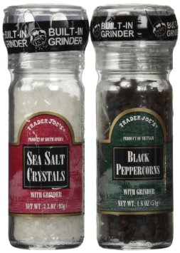 Trader Joes Salt and Pepper Combo Pack w Grinders - Black Peppercorns and Sea Salt Crystals